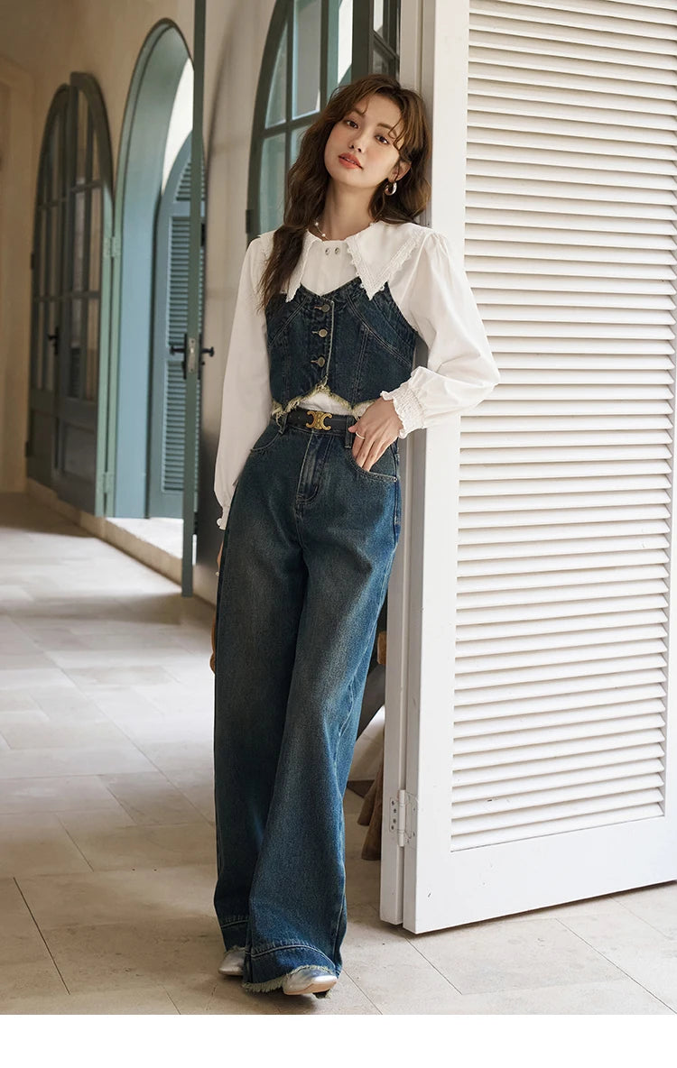 MISHOW American Retro Wide Leg Jeans Spring High Waist Slim Cotton Elastic Denim Straight Trouser Hem Tassels Pants MXD12K0538