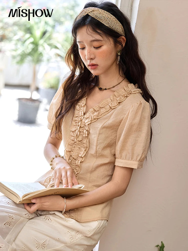 MISHOW V-Neck Blouse Puff Sleeve Fungus Edge Slim MXE35X1841