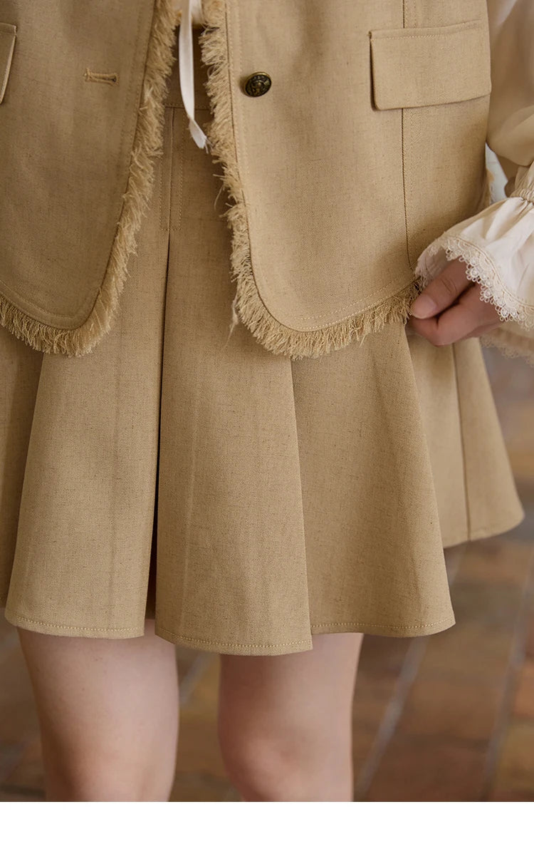 MISHOW Khaki Rough Selvedge Vest Coat Pleated Skirt Two-piece Set 2025 Autumn Women Linen Blend Retro Set Office Lady MXE41T0690