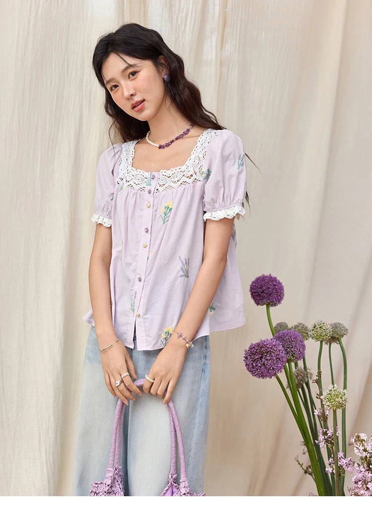 MISHOW Women's Lace Patchwork Embroidered Blouses 2025 Summer Korean Elegant Square Collar Blouse Short Sleeved Tops MXE36X1830