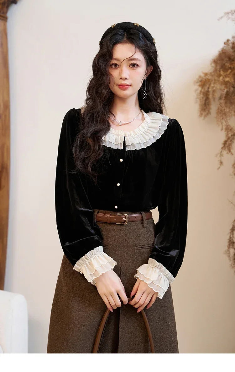 MISHOW French Retro Velvet Blouses for Women 2025 Autumn Winter Button Down O Neck Korean Long Sleeve Shirt Tops MXC51X1323