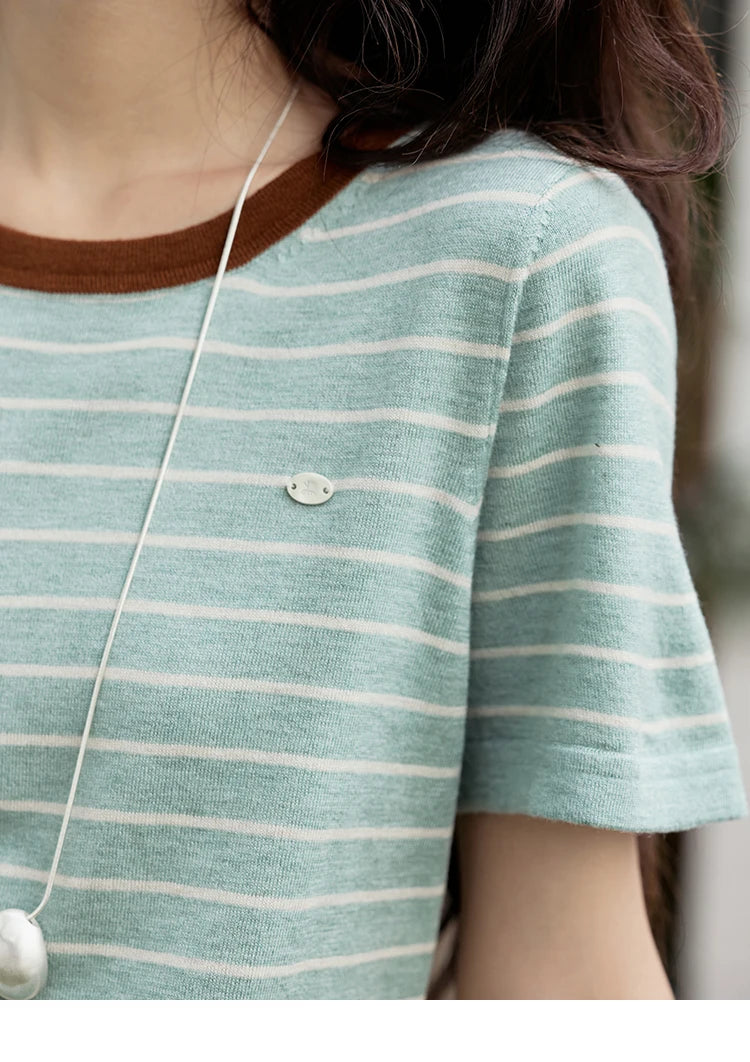 MISHOW Striped Knitted T-shirt for Women Summer 2025 Color Contrasting Round Neck Tees Wool Blended Slim Casual Top MXE35Z1270