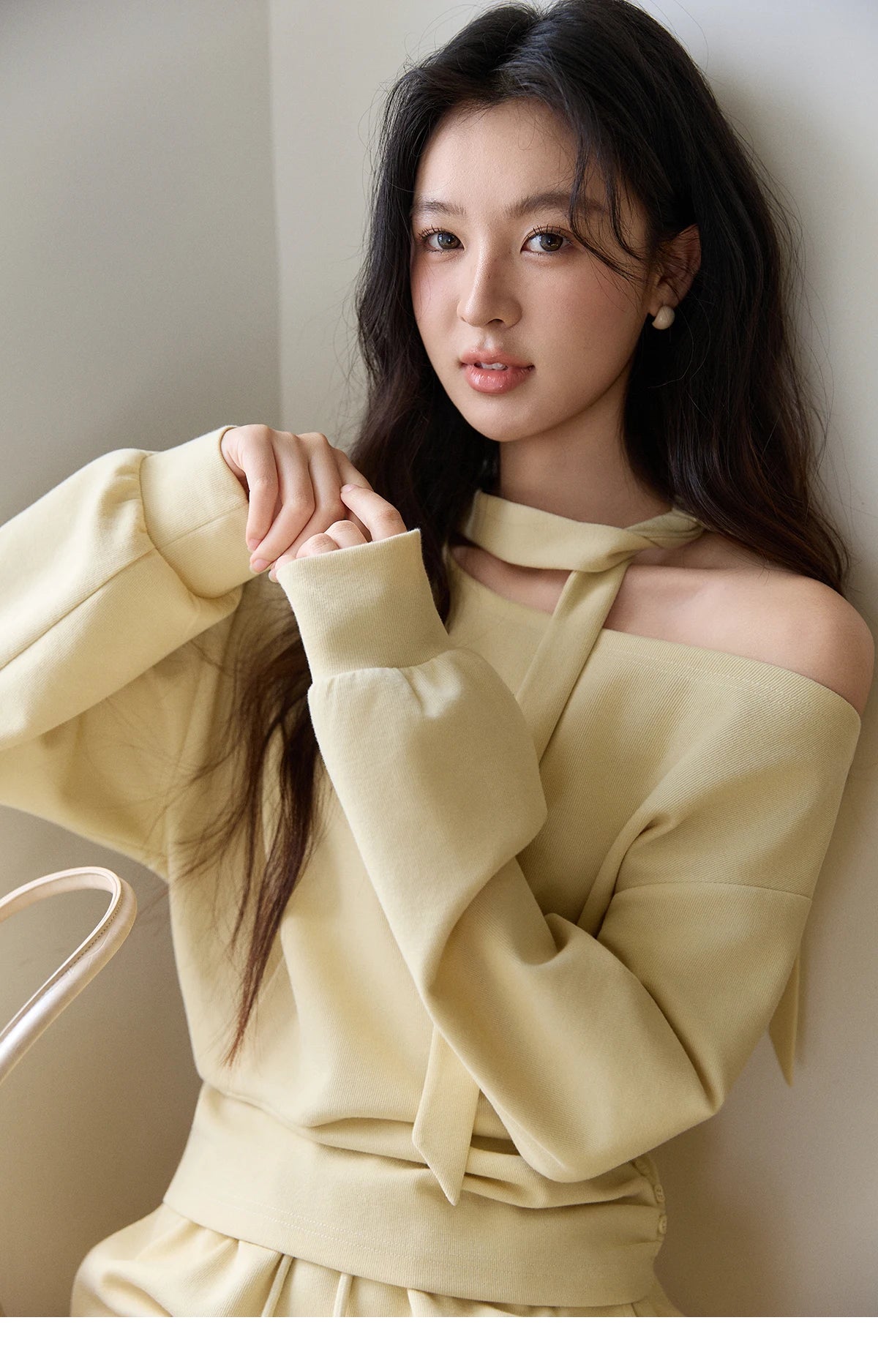 MISHOW Women's Light Yellow Two-Piece Set Asymmetrical Off-shoulder Pullover Top Rear Fork Midi Skirt Set with Ribbon MXE11T1489