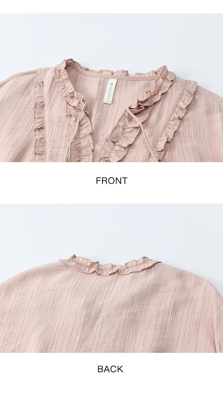 MISHOW Women's Pink Blouse 2025 Autumn Elegant Fold Edge V-collar Bubble Sleeve Top Loose Casual Commute  Blouses MXE45X2485