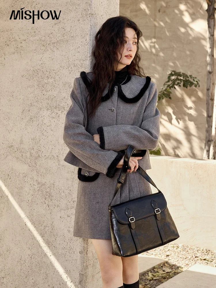 MISHOW Plaid Tweed Jacket Short Skirt Separately Women 2024 Winter Fashion Korean Collar Jacket Half Pleated Skirt MXD43W0442