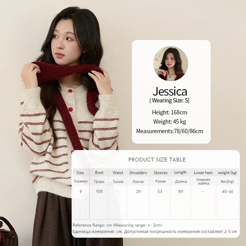 MISHOW Women's Beige Striped Knitted Cardigan 2025 Autumn Winter Red Scarf Decor Button O-Neck Warm Loose Sweaters MXE93Z2948