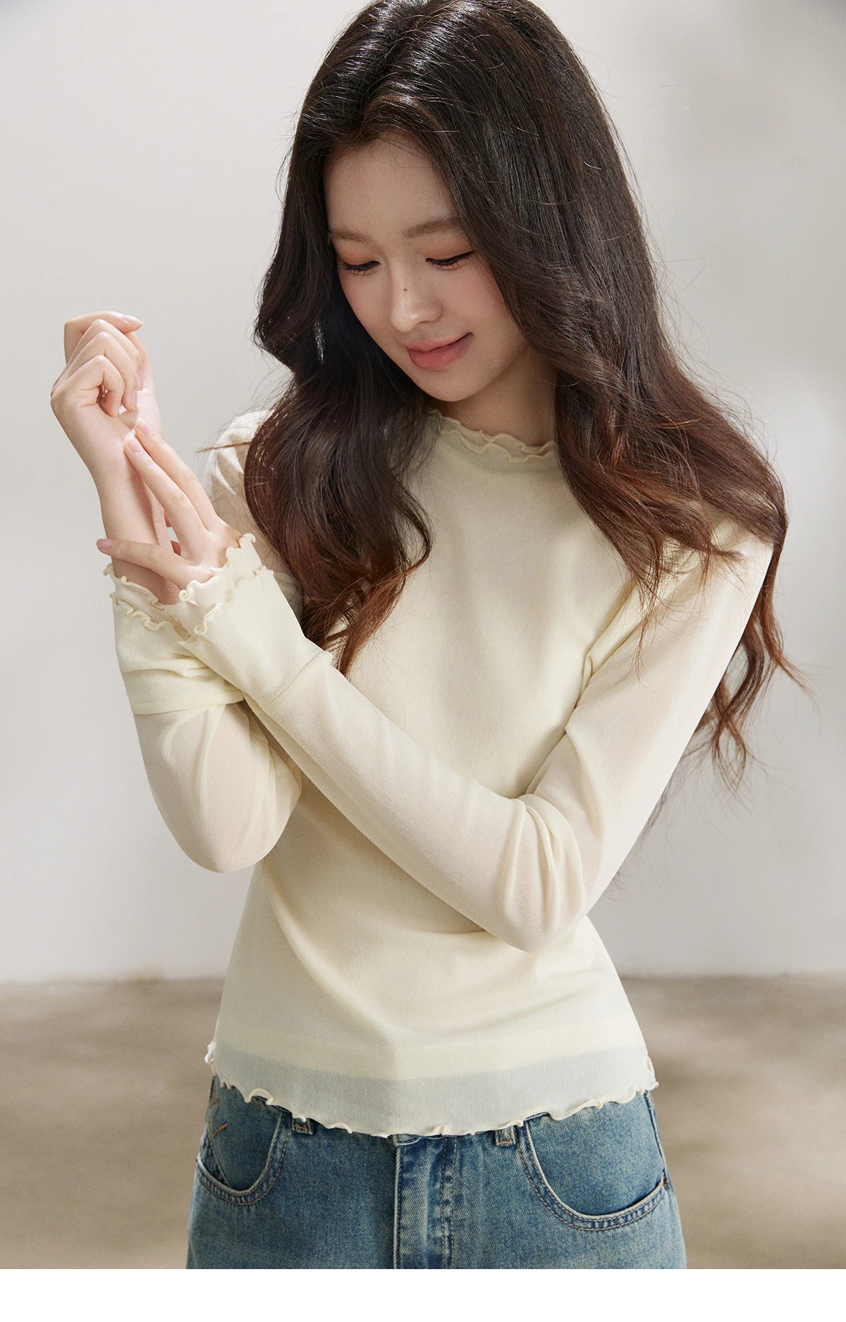 MISHOW Women's Ruffled Crew Neck Interior T-shirt 2026 Spring Lightweight Transparent Mesh Tops Slim Casual T-Shirt MXF11Z2914