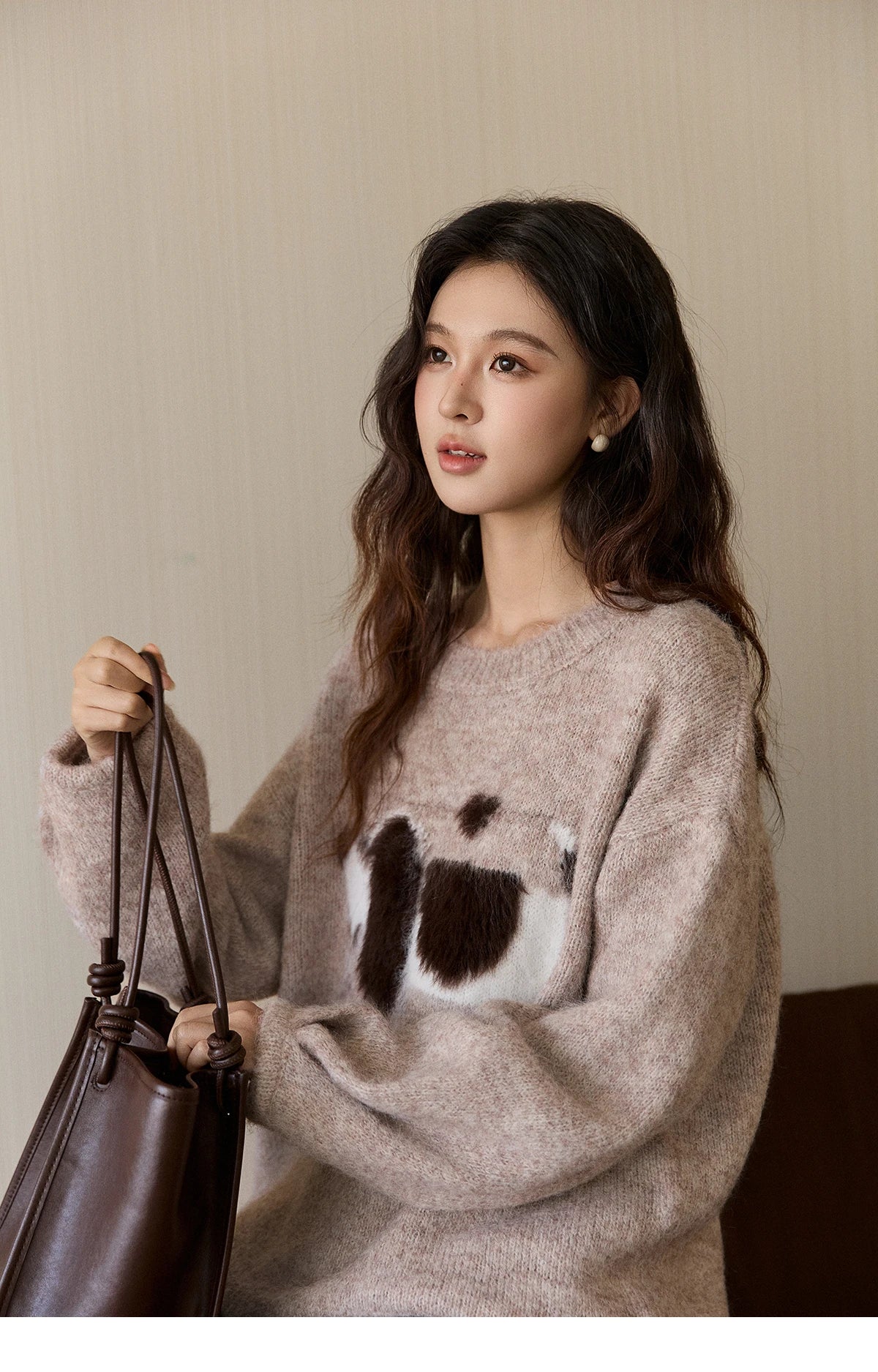 MISHOW Women's Solid Knitted Sweater 2025 Autumn Winter Dog Pattern Jacquard Crew Neck Fluffy Warm Loose Pullover Top MXE94Z2988