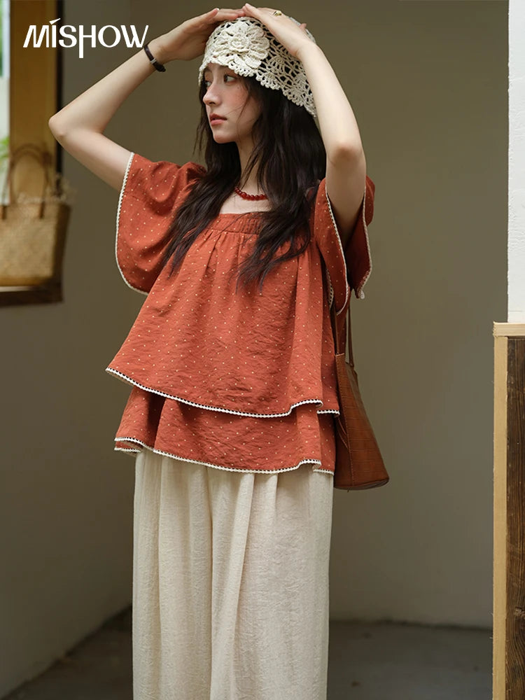 MISHOW Women's Polka Dot Blouse 2025 Summer Square Neck Lace Spliced Double Layered Ruffled Red Top Women's Clothing MXE37X1857