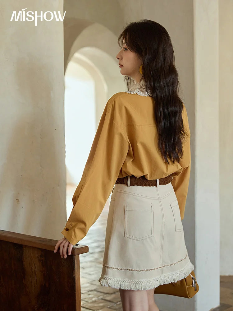 MISHOW Autumn Solid Cotton Shirt Autumn V-neck Double-layer Lace Retro Design Shirts Single Breasted Tops Office Lady MXE41C2366