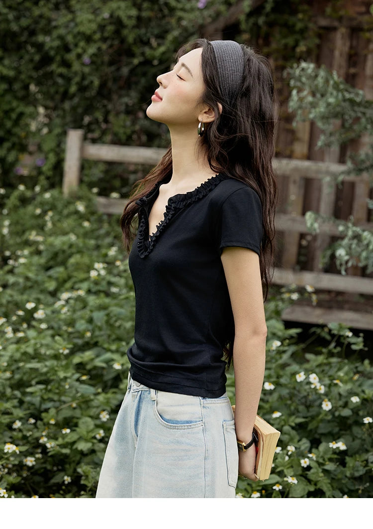 MISHOW Casual Summer T-shirts Women New 2025 Short Sleeve V-neck  Solid Straight Shoulder Slimming Shirt Female Thin MXE35T0562