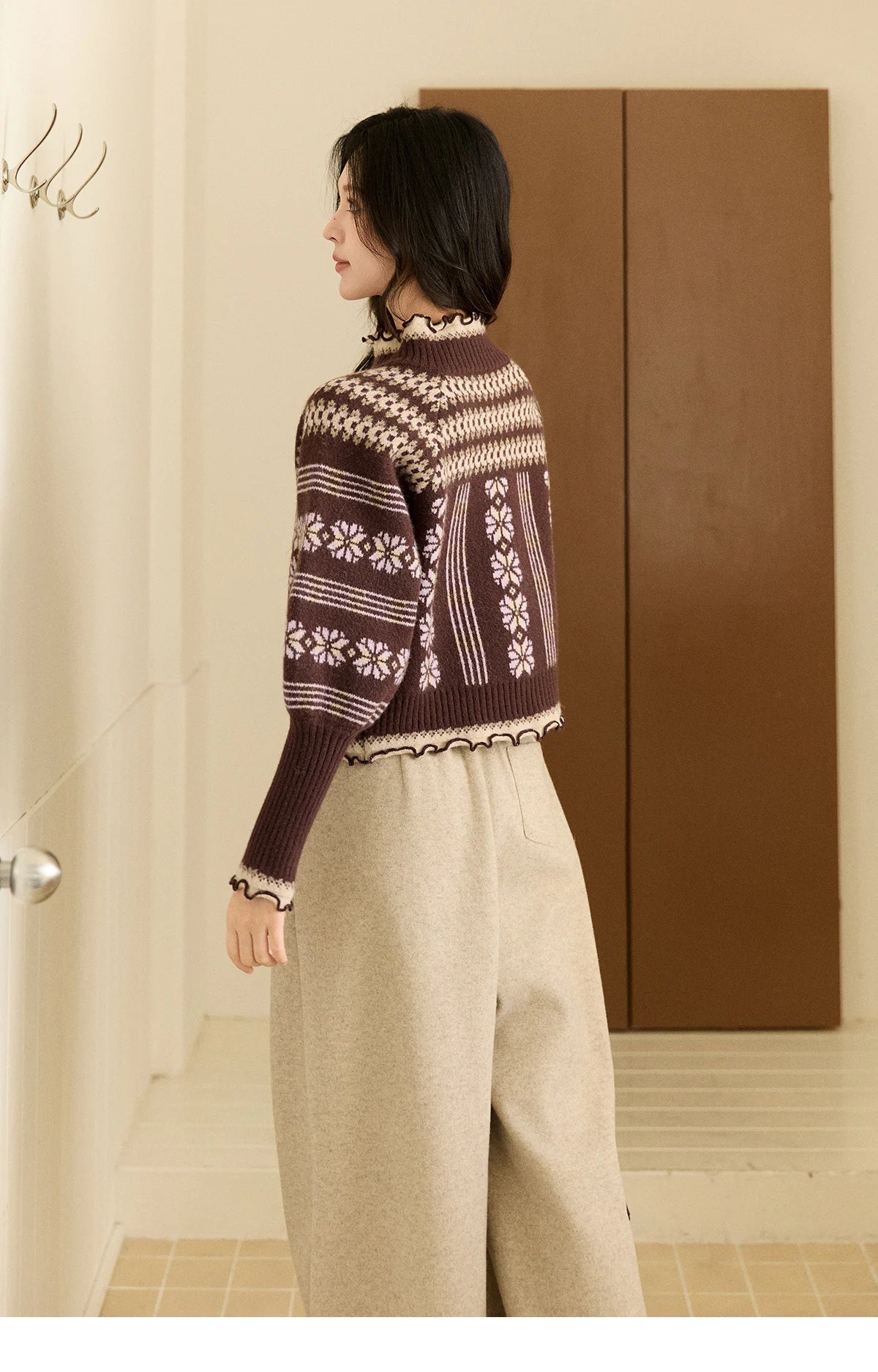 MISHOW Women's Brown Knitted Fair Isle Sweater Vintage Jacquard Lantern Sleeves Zipper Top Ruffled Trim Warm Sweaters MXE91Z2868