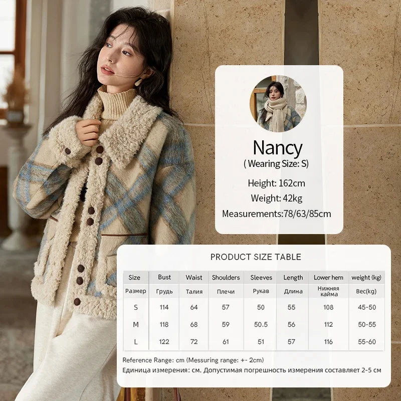 MISHOW Splicing Fleece Short Coat Women 2024 Winter Vintage French Plaid Tweed Thickened Warm Turn Down Collar Jacket MXD55W0574