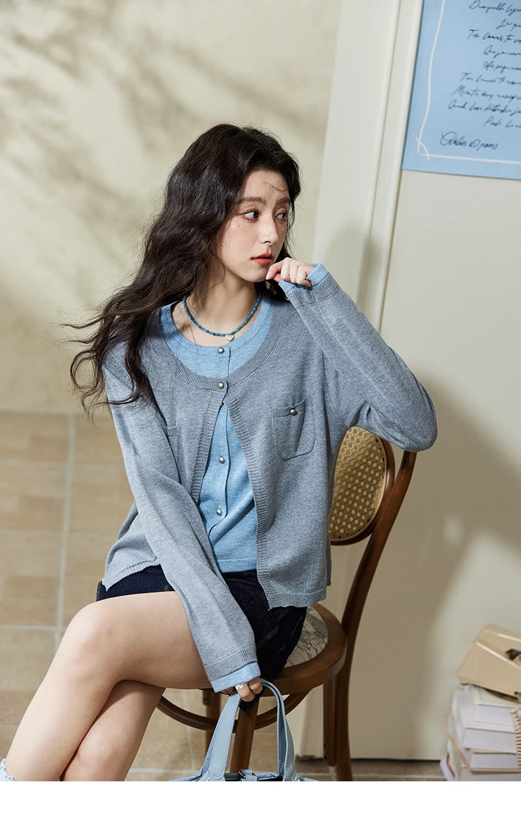 MISHOW Wool Knitted Cardigan Fake Two-piece Contrasting 2025 Spring Women Slim Fit Top O Neck Patch Pocket Sweaters MXE12Z1144