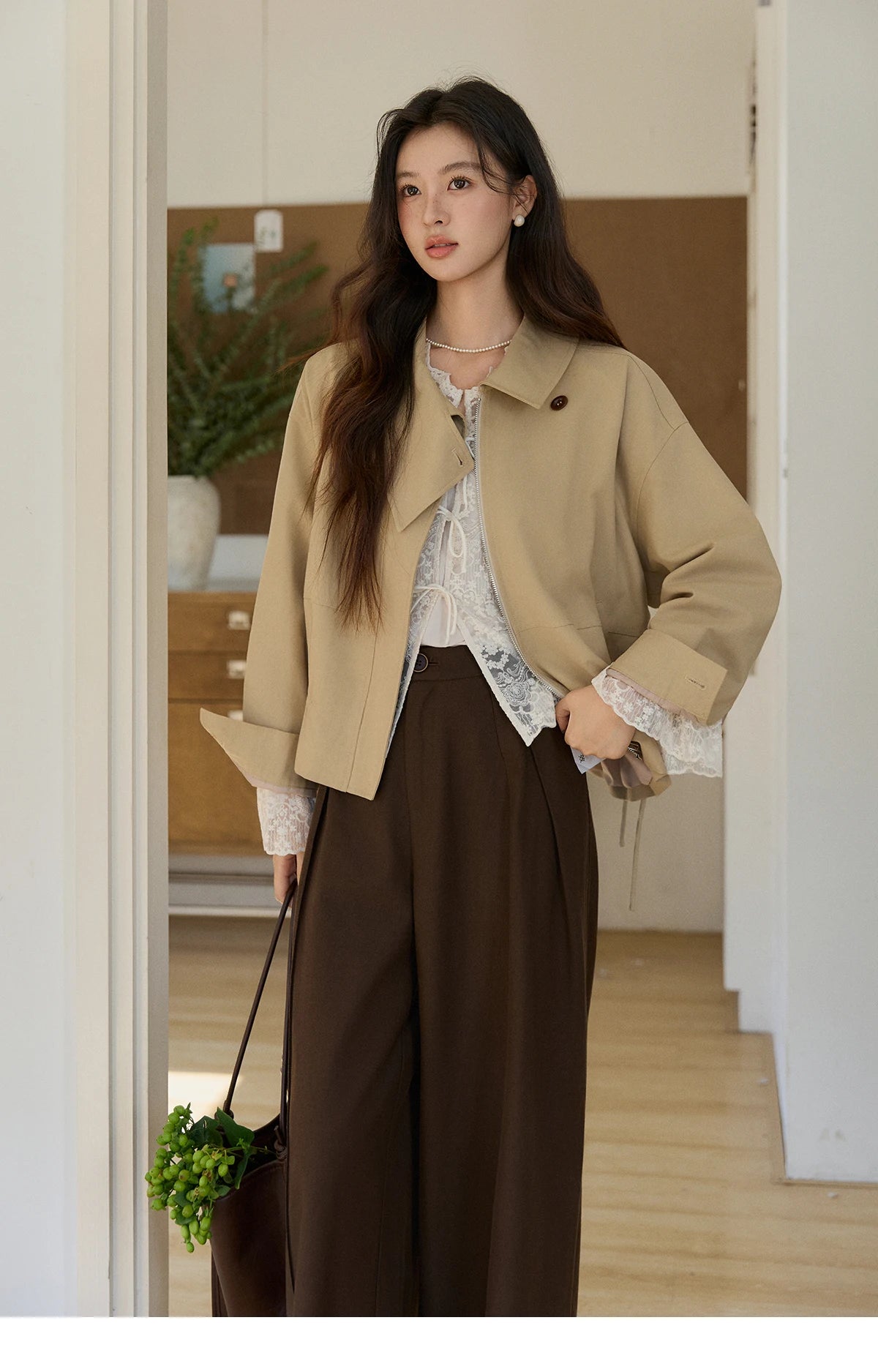 MISHOW Women's Khaki Cropped Jacket 2026 Spring Asymmetrical Collar Drawstring Waist Short Jackets Casual Loose Coat MXF11W1029