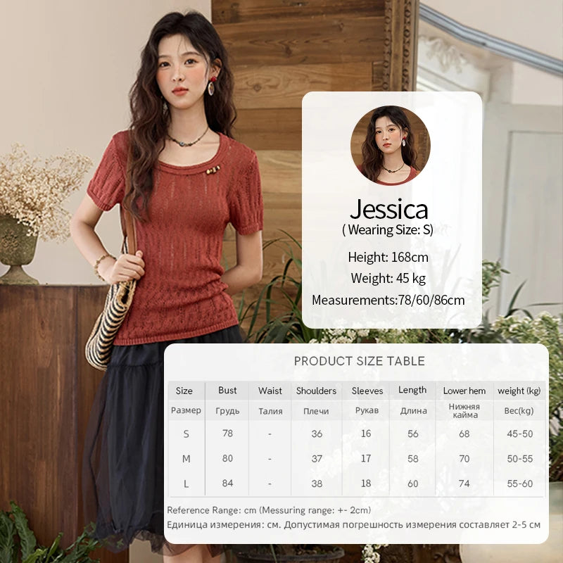 MISHOW Retro Red Hollow Thin Knitted Sweater Shirt for Women 2025 Summer Beads Short Sleeves Knitted Breathable Top MXE35Z1271