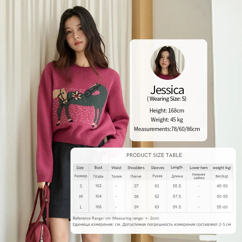 MISHOW Red Sweater Women 2025 Autumn Winter French Round Neck Pony Jacquard Loose Pullovers Long-sleeved Knitted Top MXE48Z2622