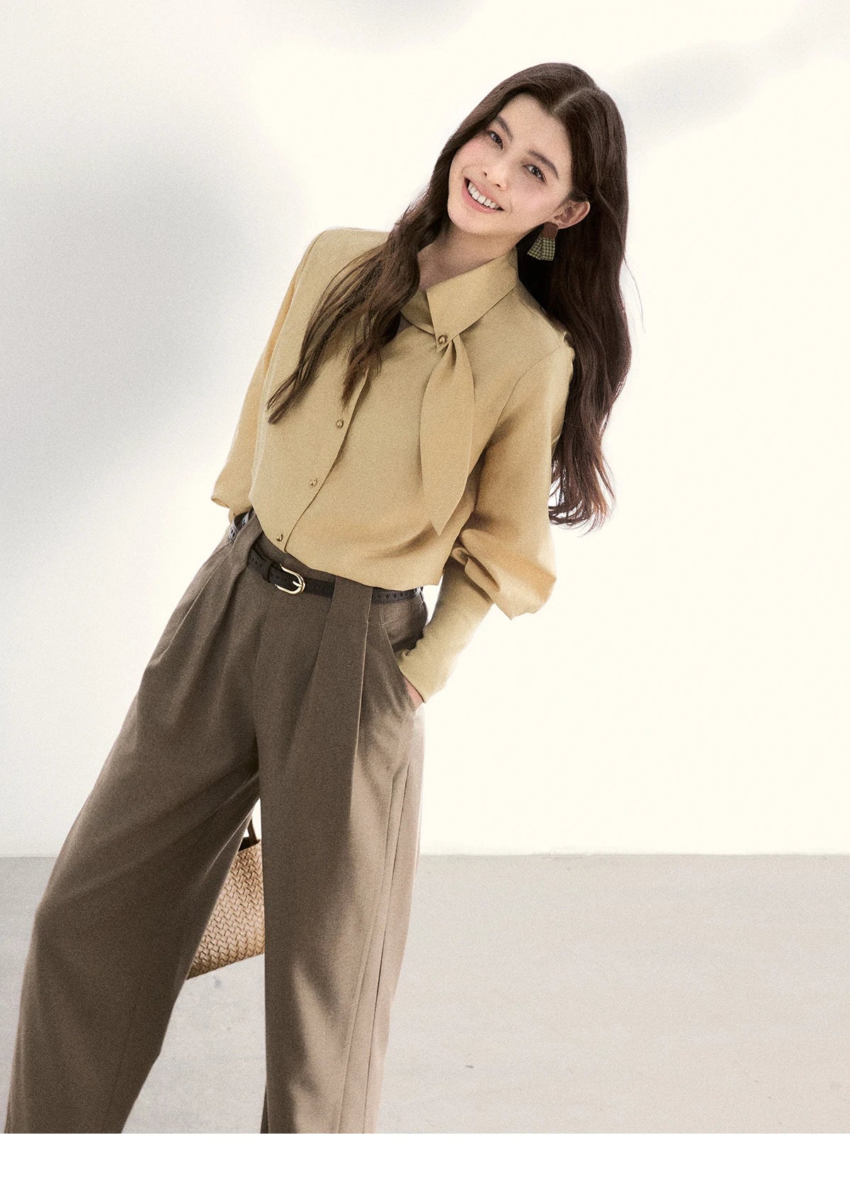 MISHOW Women's Tie Neck Shirts Spring Hollow-out Knitted Patchwork Puff Sleeve Tops Casual Elegant Shirt Office Lady MXF108C0812