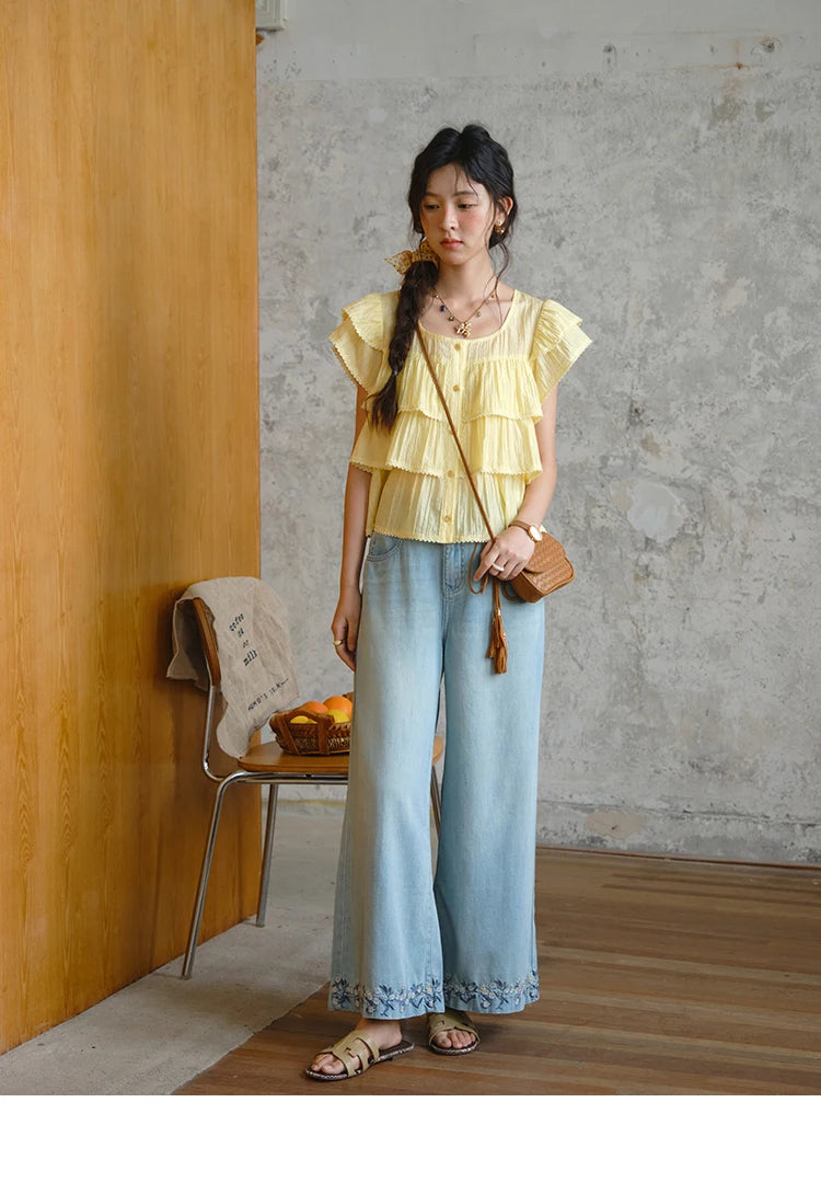 MISHOW Butterfly Sleeve Chiffon Shirt Women's 2025 Summer New Women's Clothing Retro Square Neck Button Casual Shirt MXD30X1488