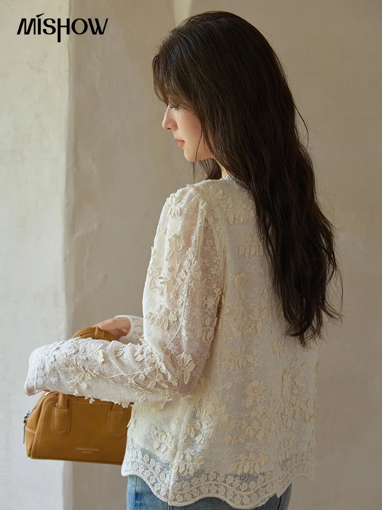 MISHOW Apricot Lace Jacquard Embroidered Shirt 2025 Autumn Black Fungus Edge Lace-up Vintage Commuter Top Office Lady MXE41X1927