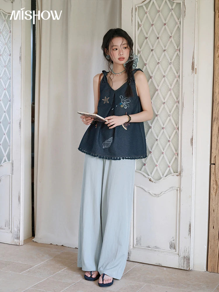 MISHOW Women's Fashion Strap Vest Summer 2025 Embroidery Lace Sleeveless Lady Camis Casual Vacation Tassel Denim Top MXE37X1860