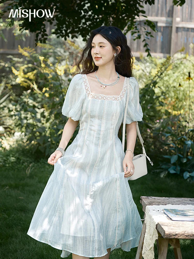 MISHOW Women's Summer Dress 2025 New Fashion Striped Square Neck Spliced Lace Hollow Out Dress Waist Lace Up Dresses MXE39L2403