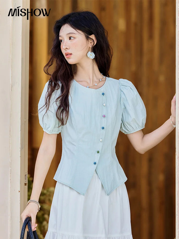 MISHOW Bubble Sleeves  Blouses for Women Summer 2025 Irregular Placket Tops Rainbow Button Solid Blouse Office Lady MXE34X1782