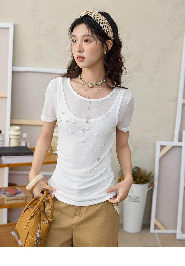 MISHOW White Fake Two Piece Bead Embroidered T-shirt for Women 2025 100 Cotton Tees Round Neck Knitted Breathable Top MXE35T0566