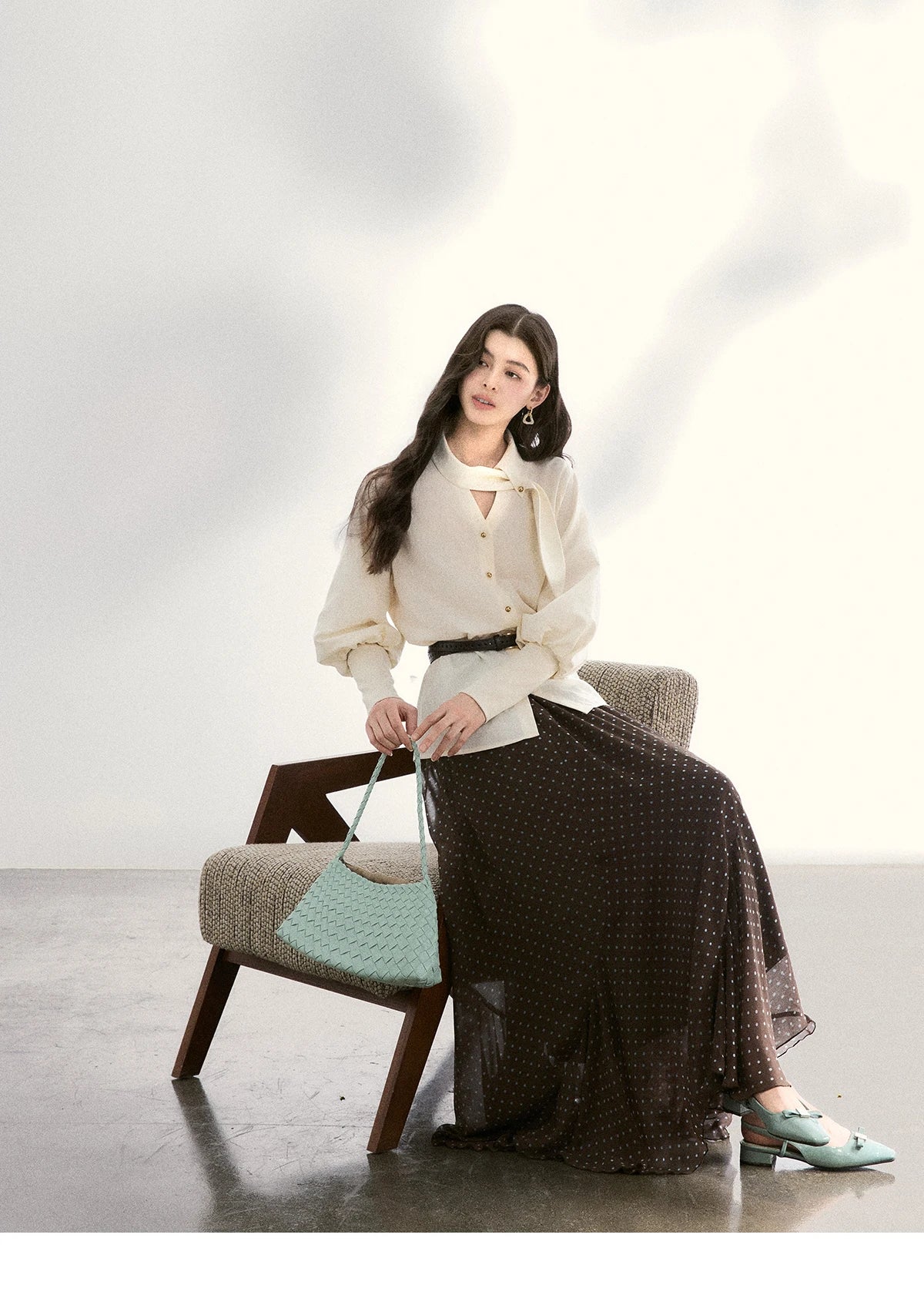 MISHOW Women's Tie Neck Shirts Spring Hollow-out Knitted Patchwork Puff Sleeve Tops Casual Elegant Shirt Office Lady MXF108C0812