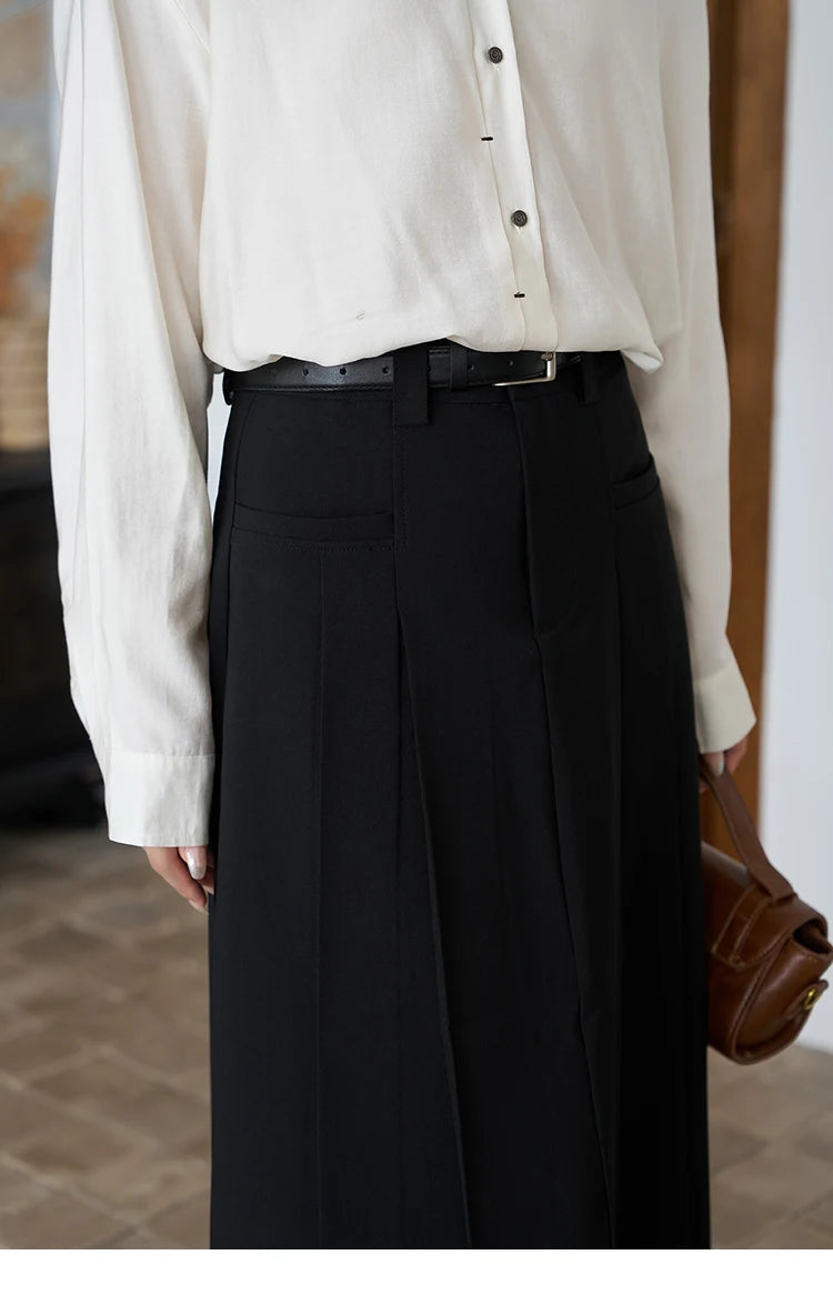 MISHOW Women's Midi Skirt 2023 Autumn Academy Pleated Commuter A-LINE Pockets Solid Split Back Hem Mid-Calf Skirts MXC42B0118