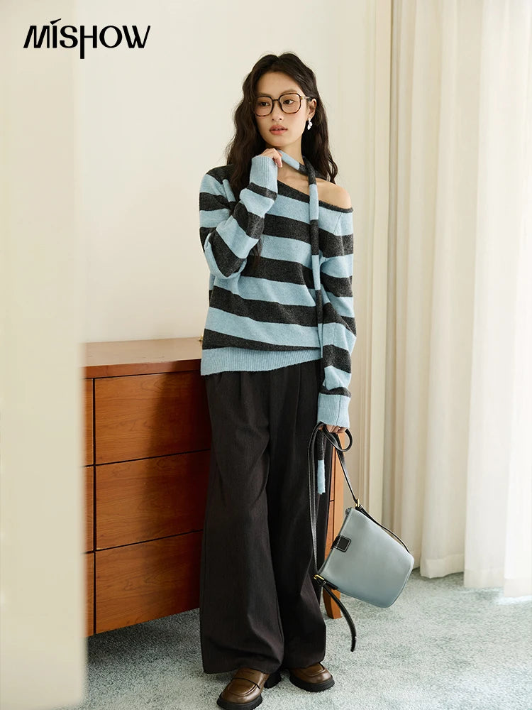 MISHOW Blue Gray Stripe Knitted Top 2025 Autumn Slanted Shoulder Collar Sweaters with Ribbon Loose Wool Blend Sweater MXE46Z2540