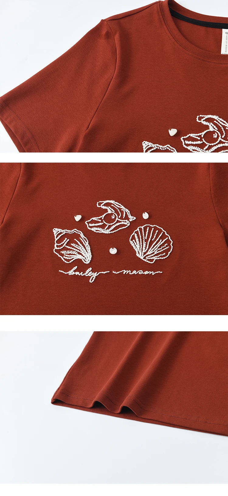 MISHOW Women's Shell Embroidered T-shirt 2025 Summer Short Sleeve Cotton Blend Tops Loose Slim Round Neck Casual Tees MXE34T0570