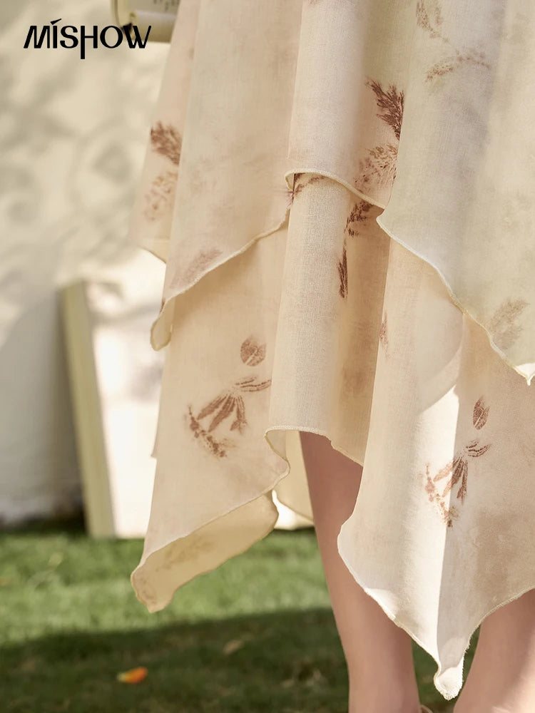 MISHOW Long Flowy Skirt for Women 2024 Spring Irregular High Waist A-Line Print Beach Zipper Skirts Woman Clothing MXD11B0215