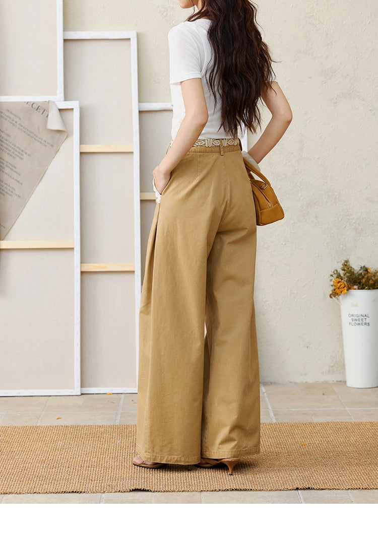 MISHOW 100Cotton Khaki Lace Patchwork Wide Leg Pants for Summer 2025 High Waist Straight Leg Trousers Commuting Pants MXE34K0925