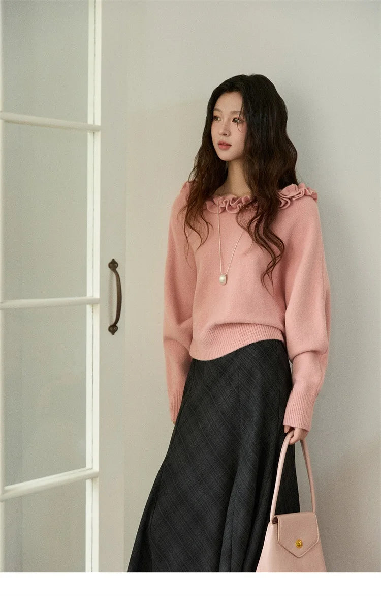 MISHOW Pullovers Women 2025 French Style Orange Lotus Edge Crew Neck Lantern Sleeves Top Slim Luxury Women's Sweaters MXE86Z2726