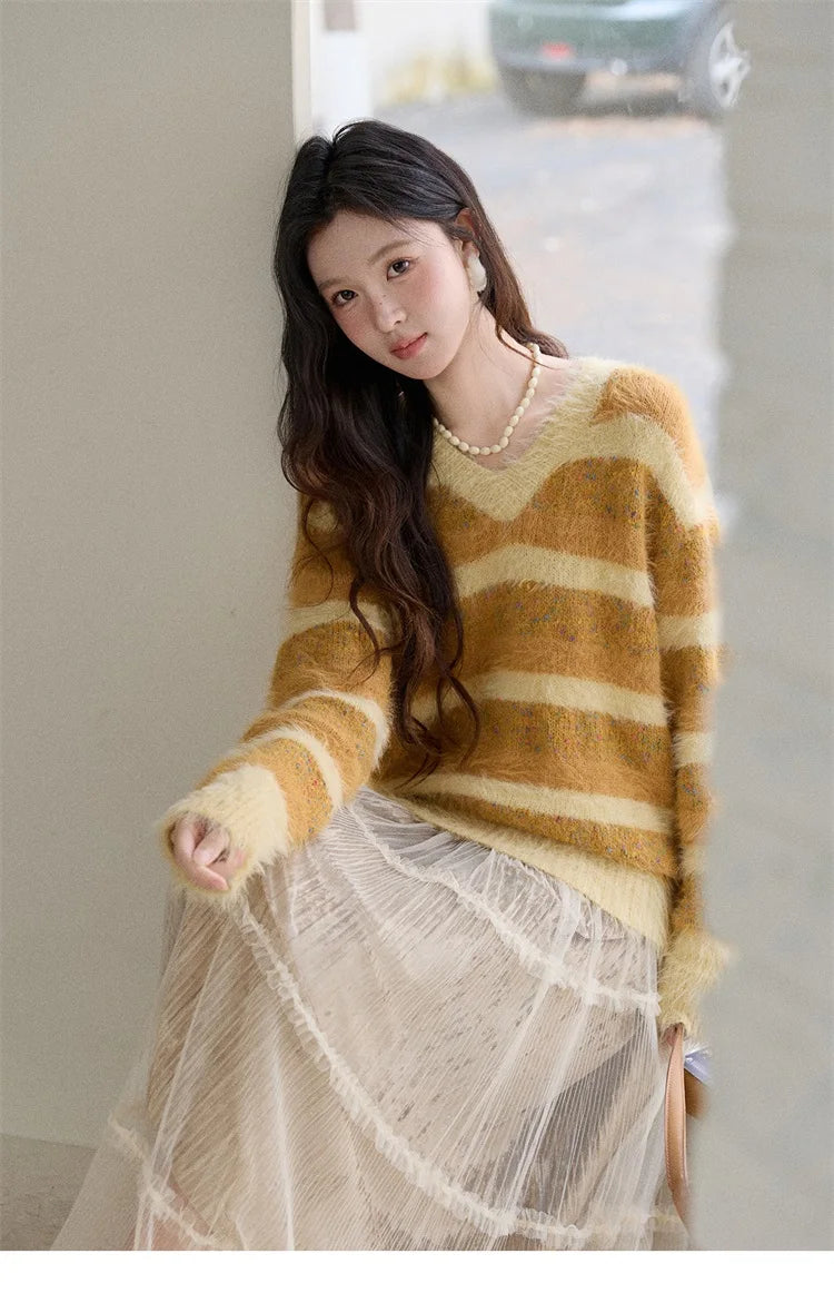 MISHOW Women's V-neck Knit Pullover Retro Yellow Striped Sweater 2025 Casual Faux Mink Jacquard Loose Knit Sweater MXE87Z2766