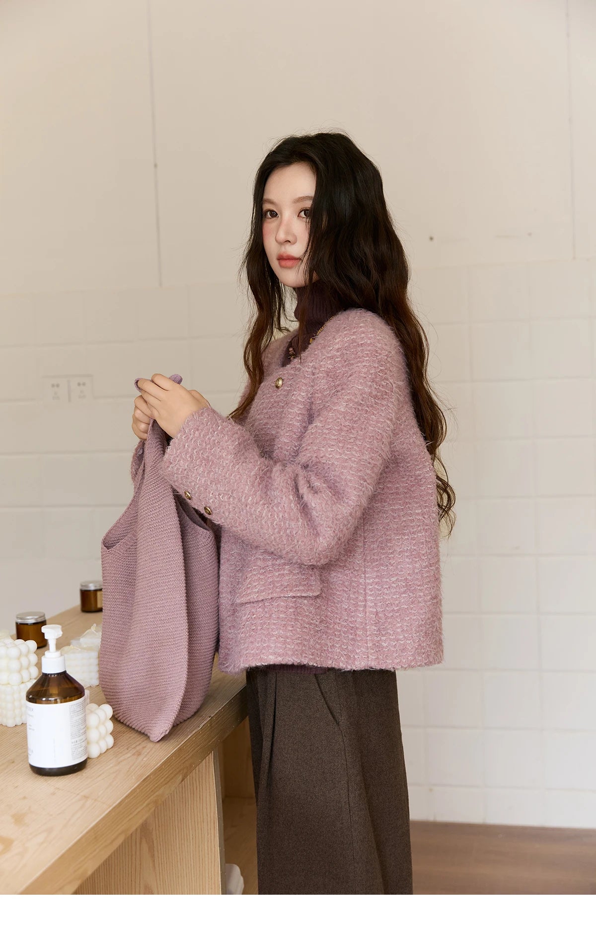 MISHOW Wool Coat Woman 2025 Purple Luxury O-neck Double-breasted Tweed Coat Commute Short Jacket Winter Clothes MXE88W0881