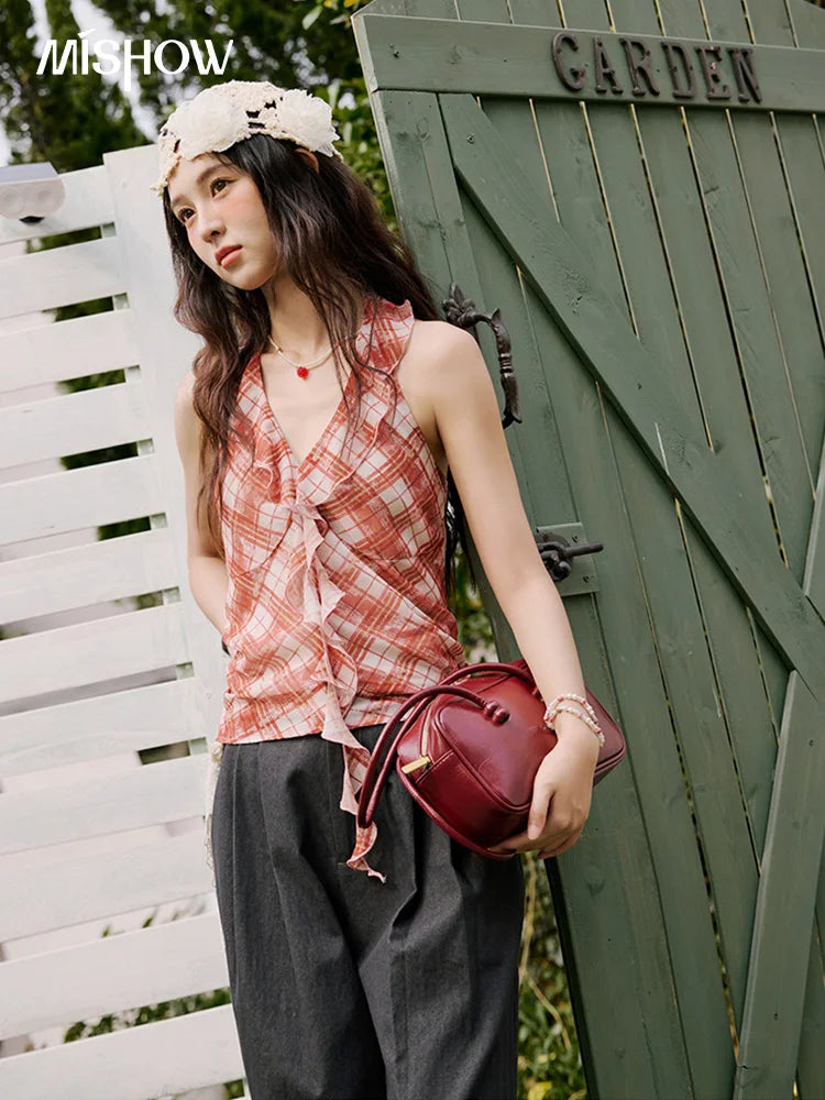 MISHOW French Retro Red Grid Hanging Neck Blouse for Women Summer 2025 Ruffled Edges Backless Blouses Vacation Top MXE34X1785