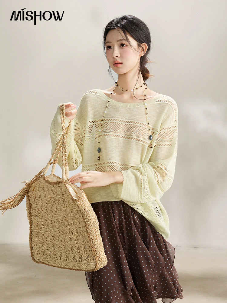 MISHOW Women's Pale Yellow Knit Top 2026 Spring Crew Neck Hollow Out Striped thin tops Casual Loose Sheer Sweater MXF13Z3020
