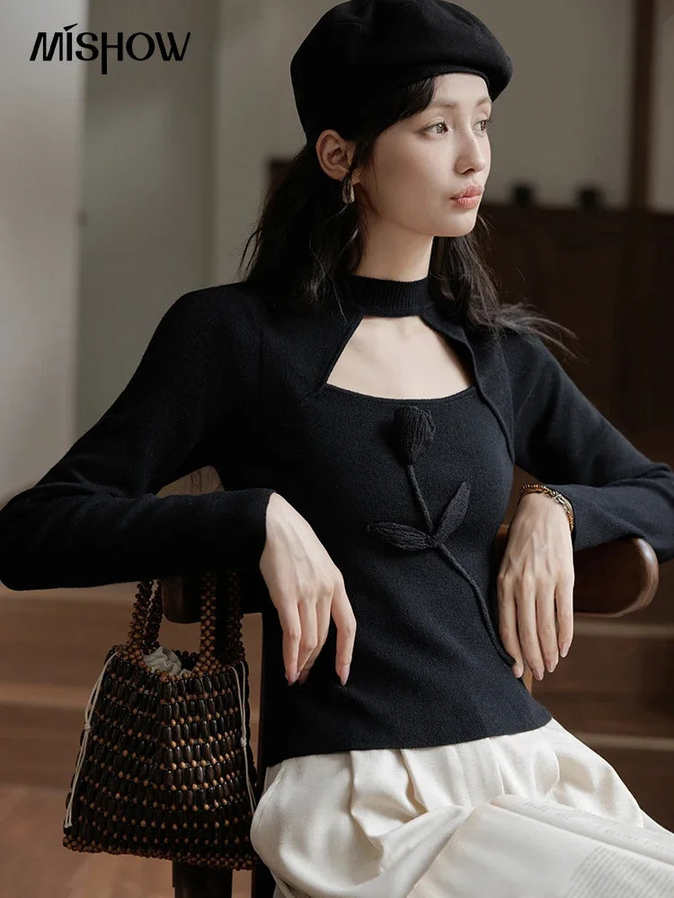 MISHOW Women’s Black Tulip Knitted Sweater French Vintage Hollow Out Sweaters Mock Neck 2024 Fall Elegant Slim Top MXD42Z0731