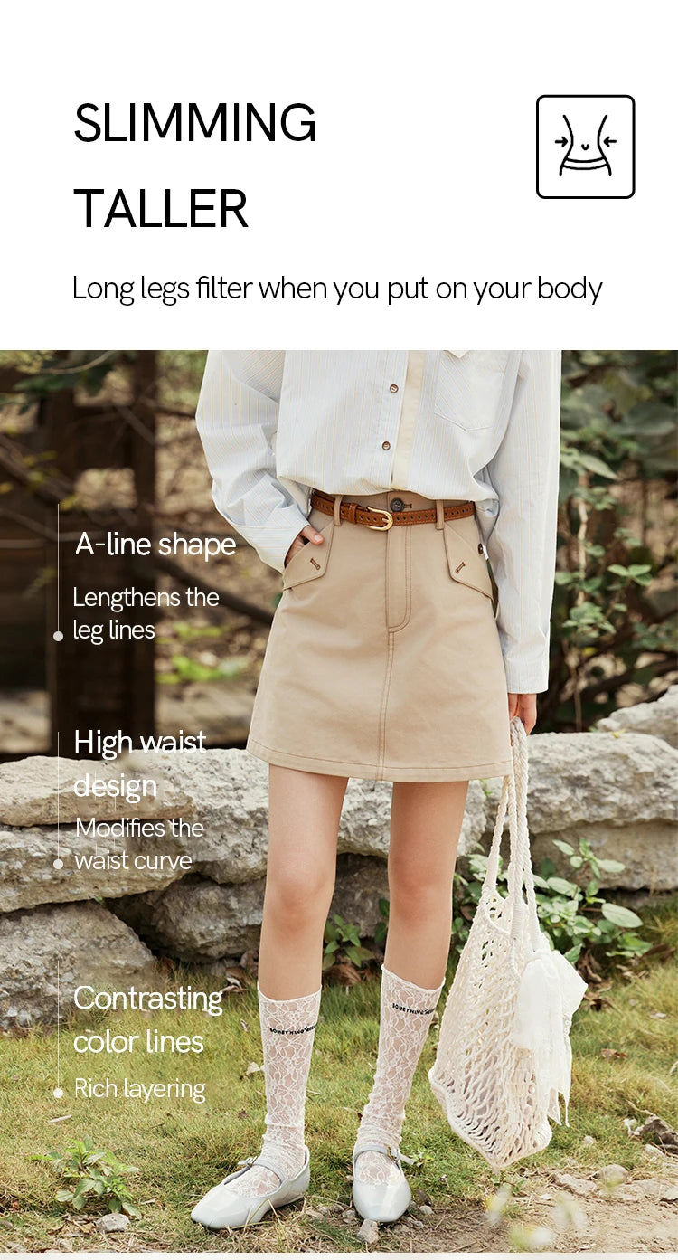 MISHOW Khaki A-line Short Skirt Spring 2025 100Cotton High Waist Versatile Skirt Zipper Pockets Skirt (Not with Belt) MXE15B0696