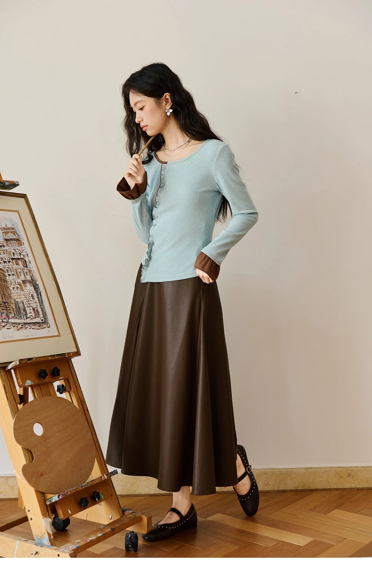MISHOW PU Leather Skirt for Women 2025 Autumn High Waist A-line Skirt Retro Coffee Versatile Skirts Excluding Belt MXE45B2412