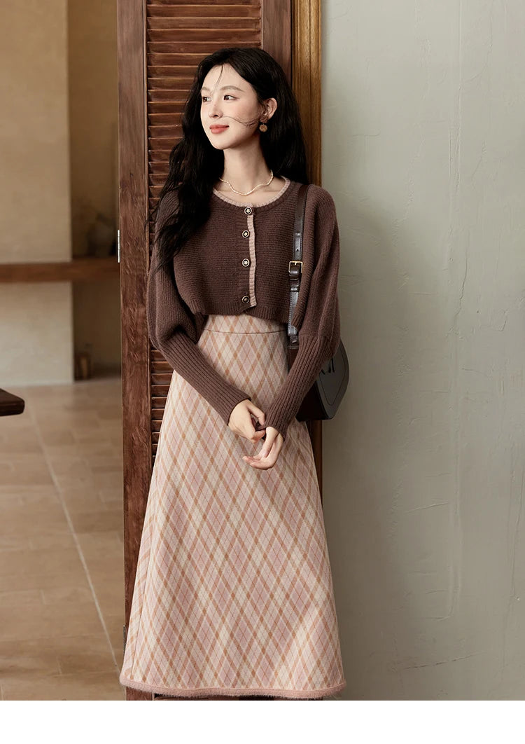 MISHOW French Vintage Dress O Neck Knitted Cardigan Separately Women Sweet Knitted Short Sweater Plaid Camisole Dress MXD43L2012