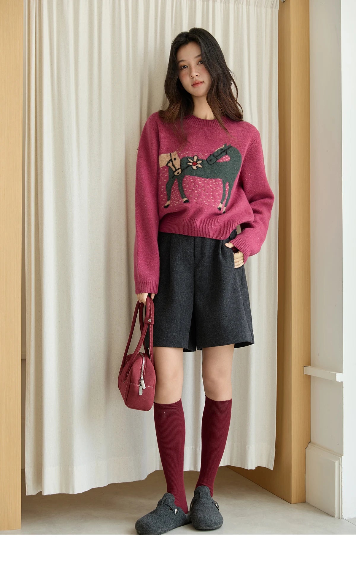 MISHOW Red Sweater Women 2025 Autumn Winter French Round Neck Pony Jacquard Loose Pullovers Long-sleeved Knitted Top MXE48Z2622