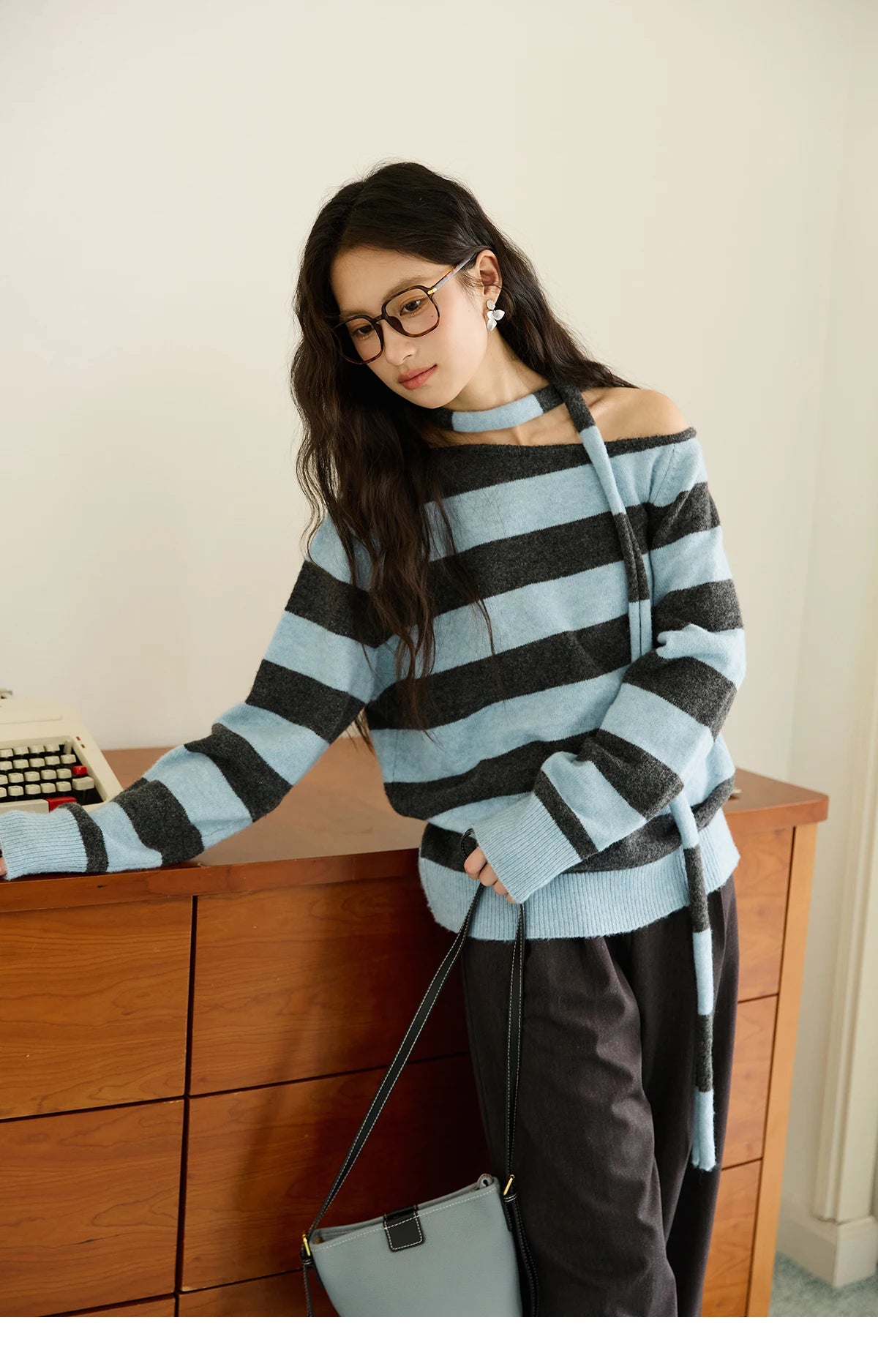MISHOW Blue Gray Stripe Knitted Top 2025 Autumn Slanted Shoulder Collar Sweaters with Ribbon Loose Wool Blend Sweater MXE46Z2540