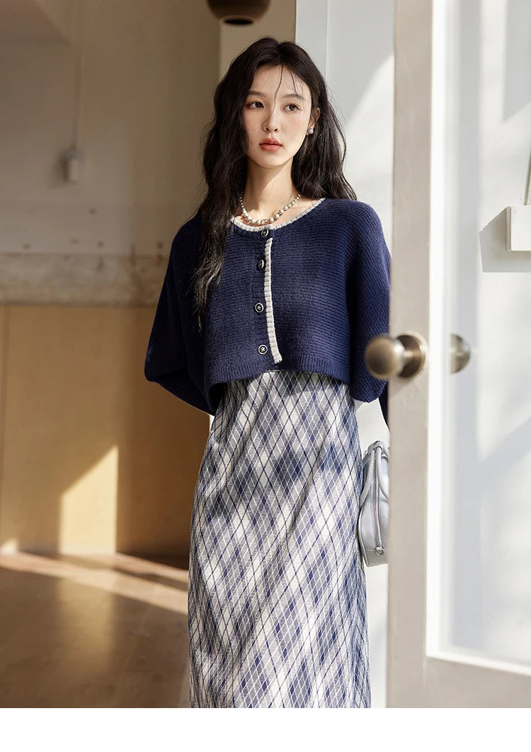 MISHOW French Vintage Dress O Neck Knitted Cardigan Separately Women Sweet Knitted Short Sweater Plaid Camisole Dress MXD43L2012