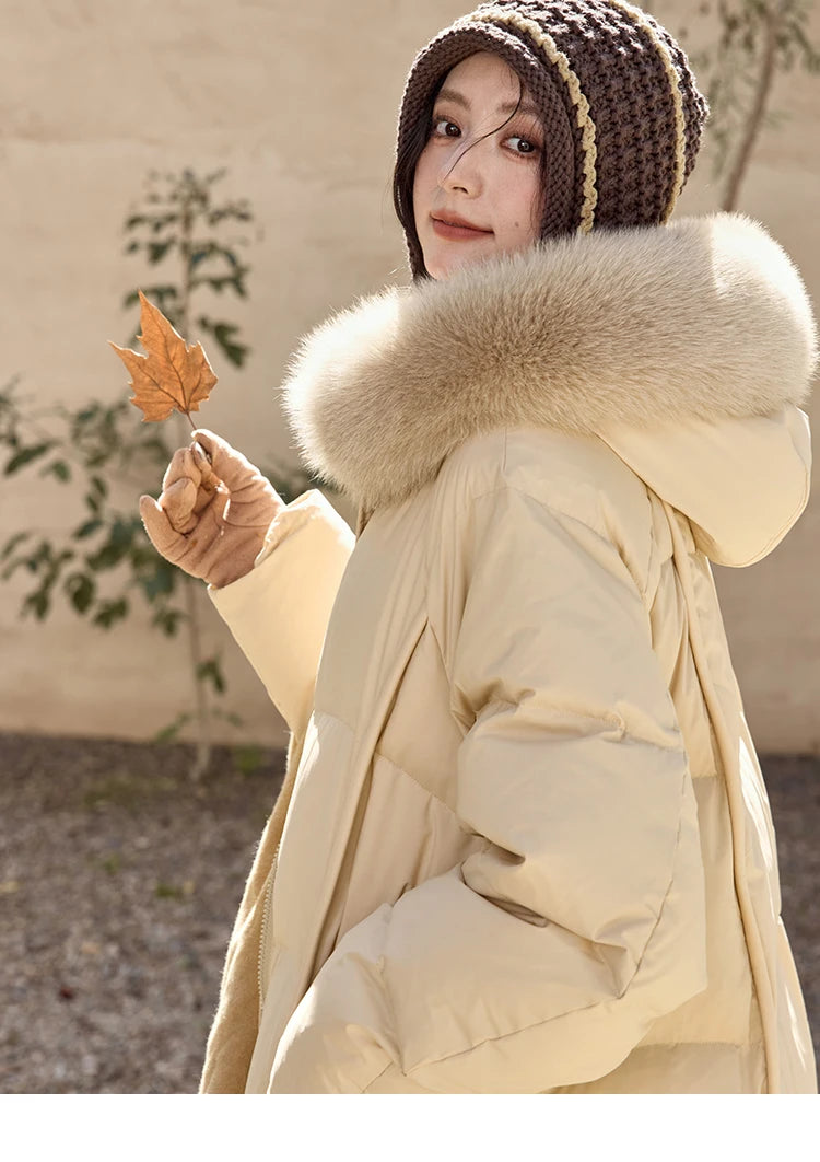 MISHOW White Duck Down Coat Hooded Long Removable Fox Fur Collar Down Jacket Zipper Design Warm Wind Resistance Coat MXD55Y0052