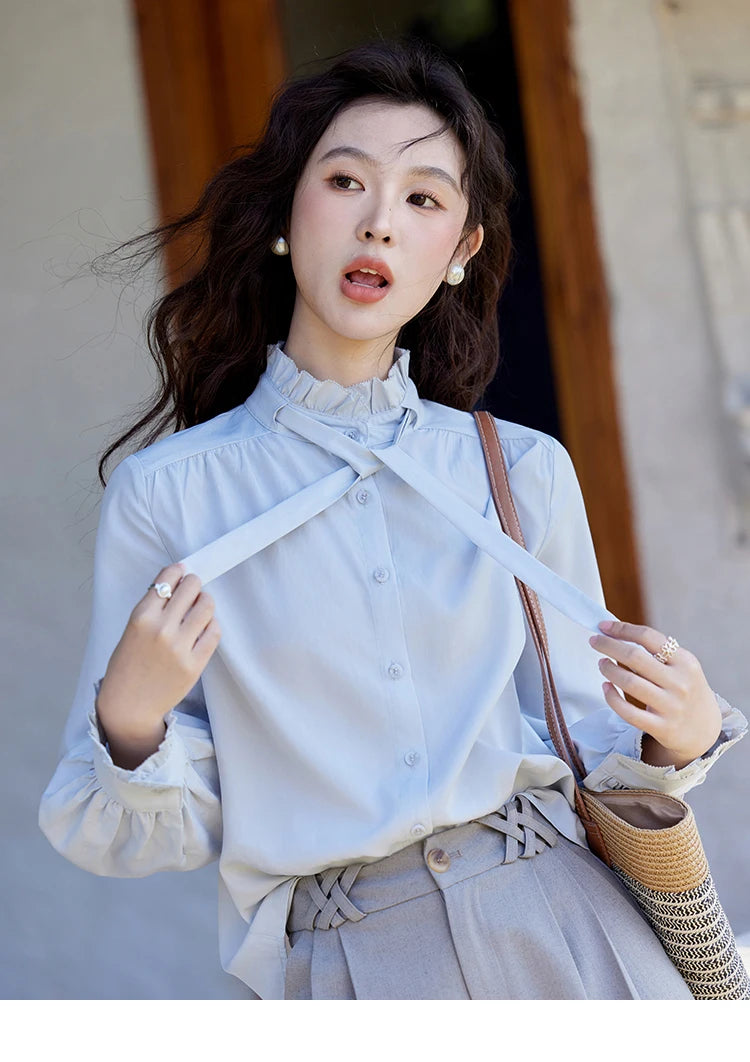 MISHOW French Ribbon Stringy Selvedge Neck Shirt for Women Spring 2025 Slim 100 Lyocell Shirts Solid Commuter Tops MXE13C0383