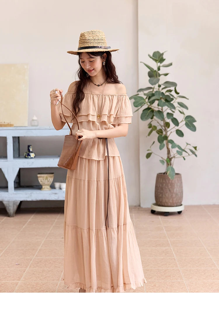 MISHOW Women Fashion Two-Piece Set 2025 Summer Loose Lotus Leaf Edge Off Shoulder Top Elastic Waist Skirt Ladies Set MXE36T0637