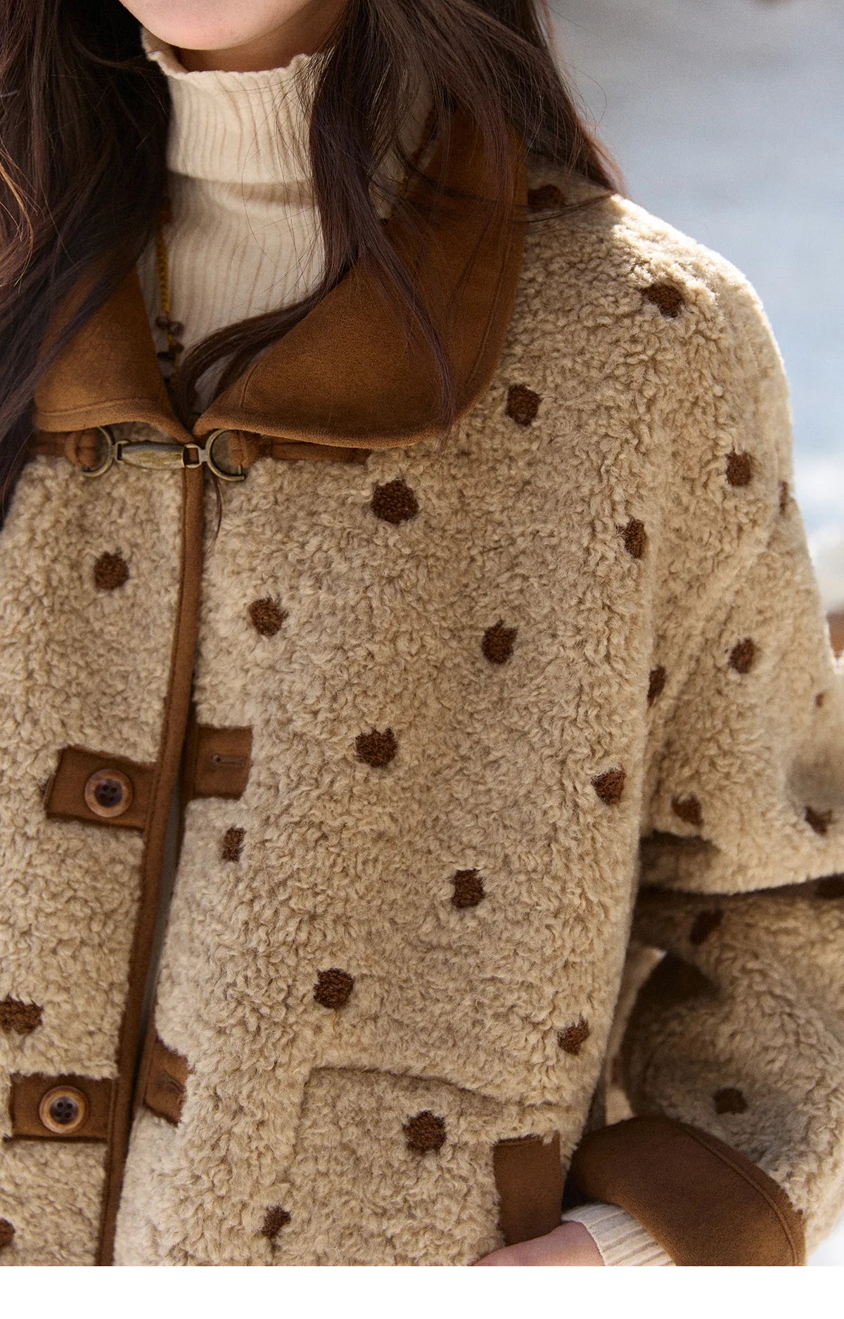 MISHOW Women's Brown Reversible Shearling Coat 2025 Winter Suede Polka Dot Lapel Coats Fleece Thick Warm Short Jacket MXE93W1012